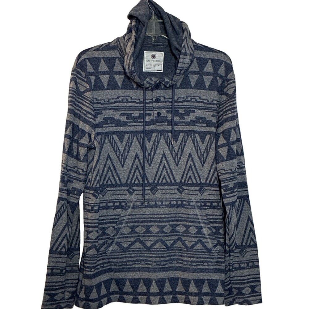 On The Byas Size L Pullover Aztec Hoodie Knit Tribal Lightweight Blue Casual Top